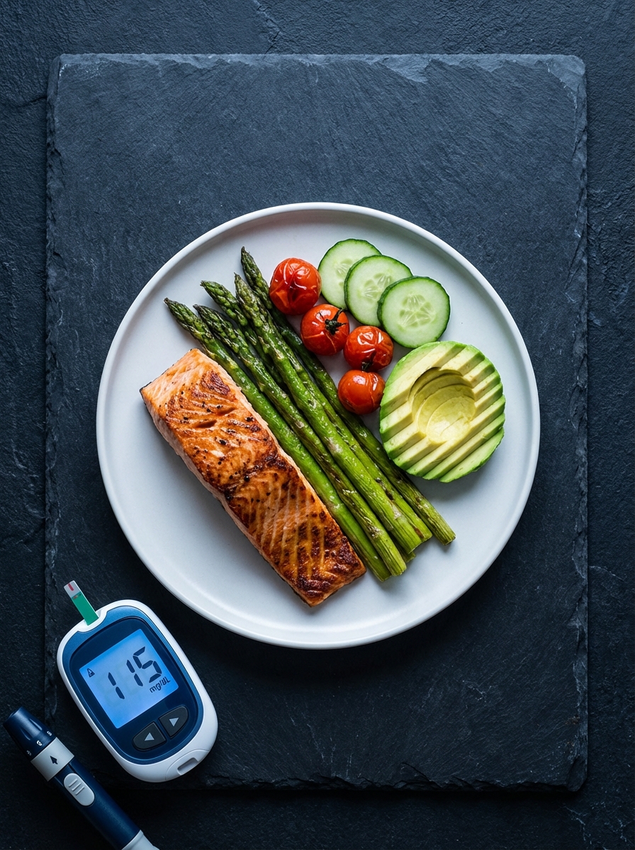 Precision-prepared meal on a dark slate surface with a glucose monitor nearby