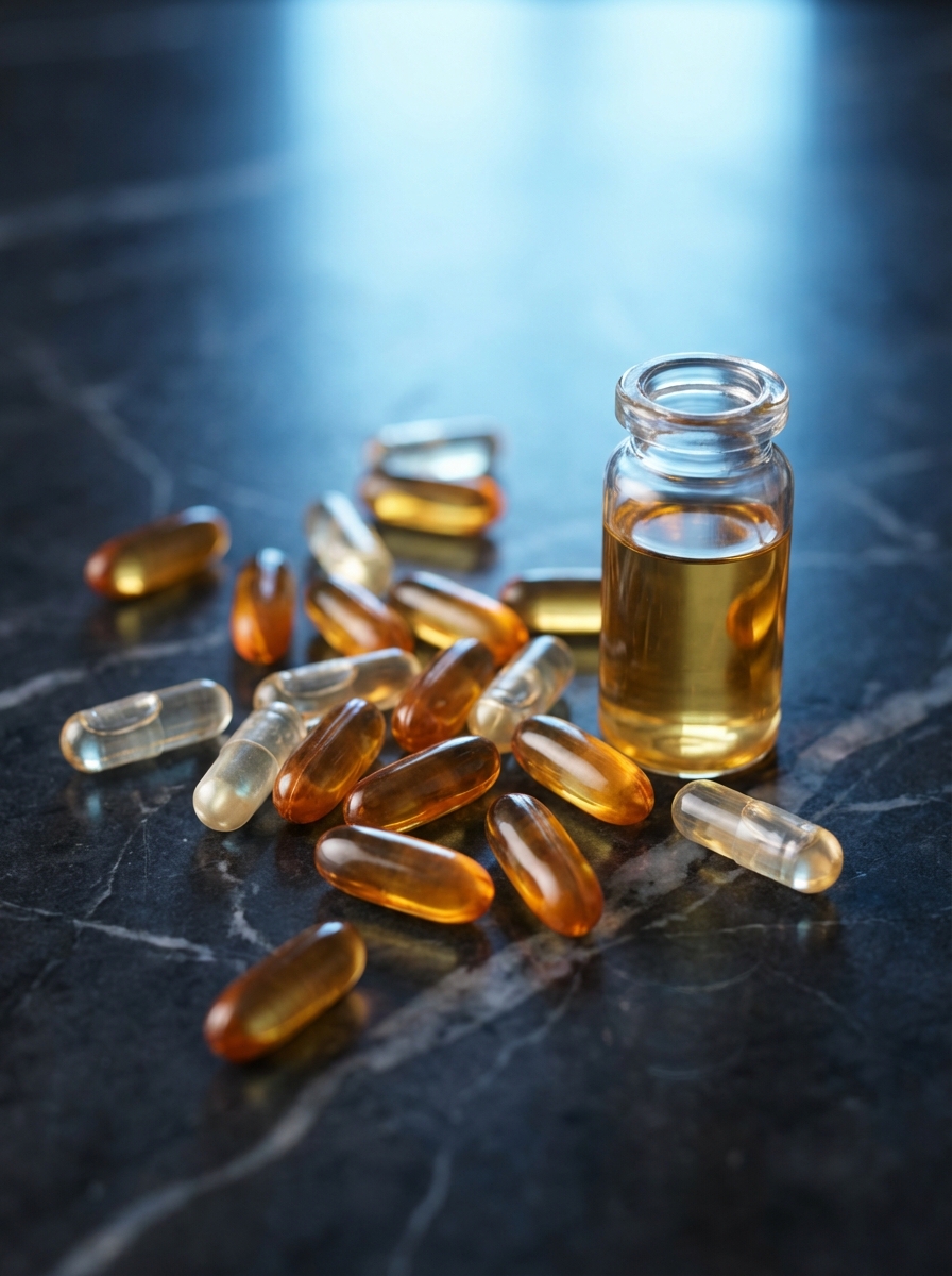 Premium supplement capsules and a small glass vial on a dark marble surface