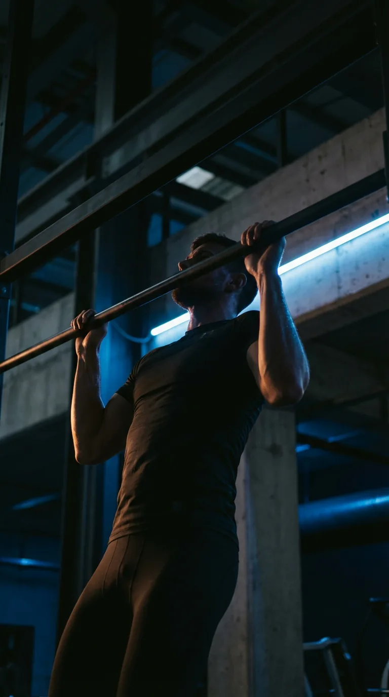 Athlete in focused training, each rep reinforcing identity transformation