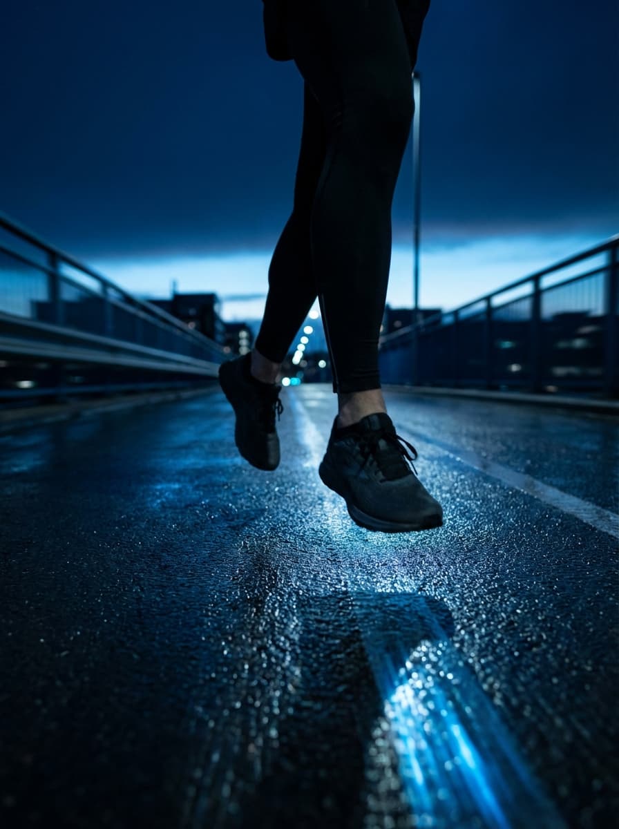 Runner mid-stride on an urban path at dawn with cool blue morning light