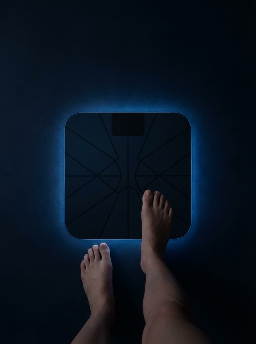 Smart body composition scale on a dark surface with subtle blue ambient light