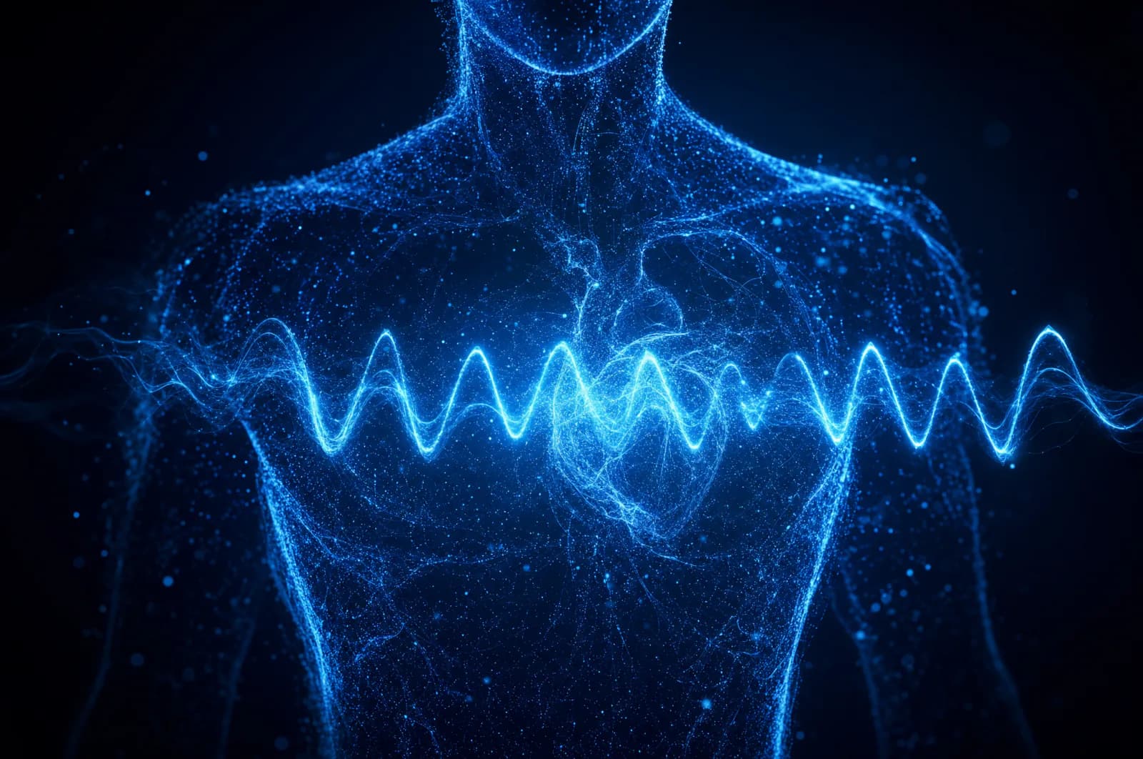 Abstract electric-blue heart-rate-variability waveform through a human silhouette
