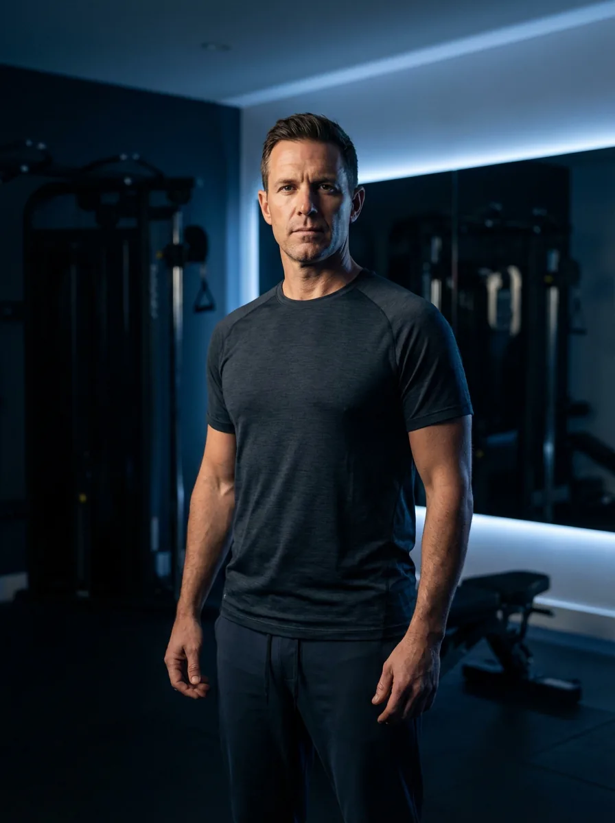 Confident executive standing in a premium home gym with blue accent lighting