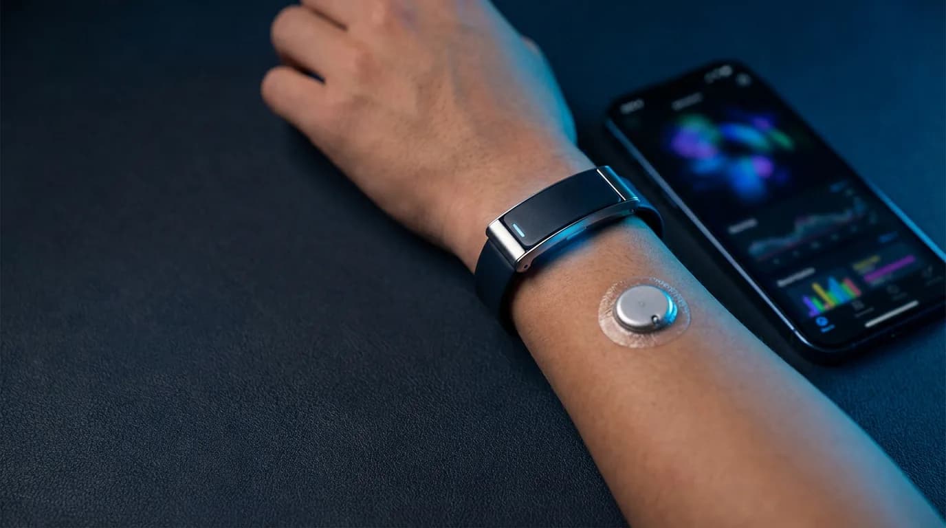 Wrist fitness tracker and CGM patch with smartphone showing biometric data
