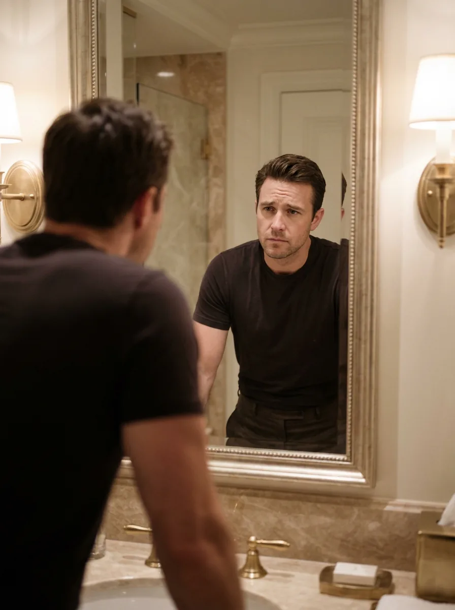 Executive looking at mirror reflection with quiet dissatisfaction