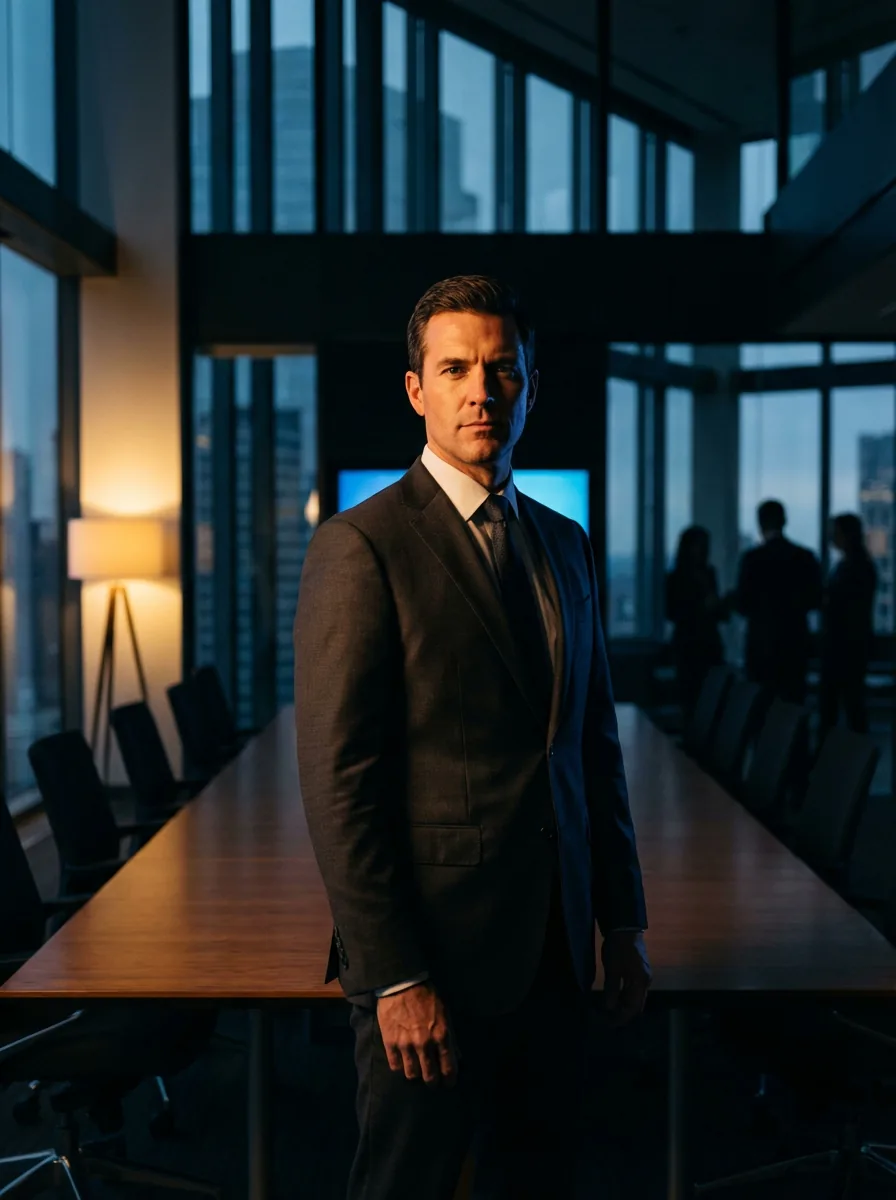 Confident leader commanding attention in a boardroom setting