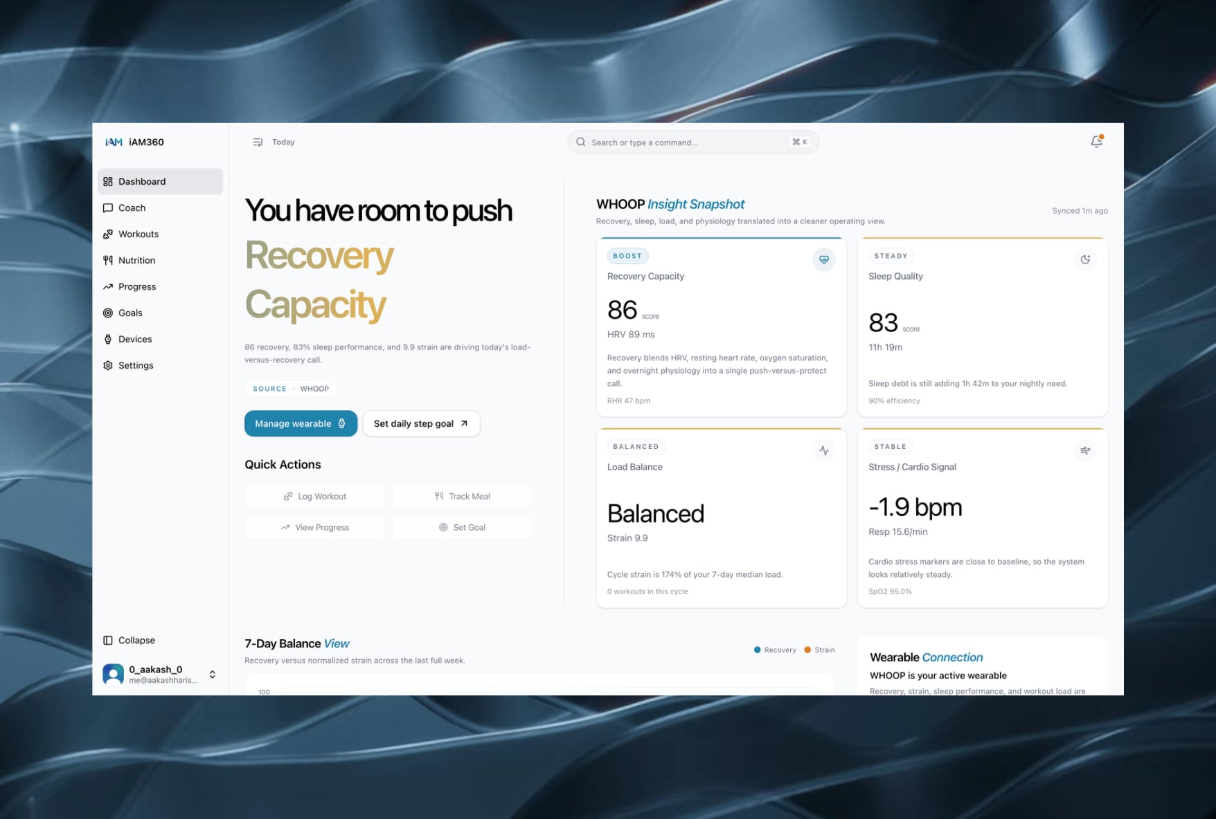 iAM360 dashboard showing recovery capacity, sleep quality, and a WHOOP insight snapshot