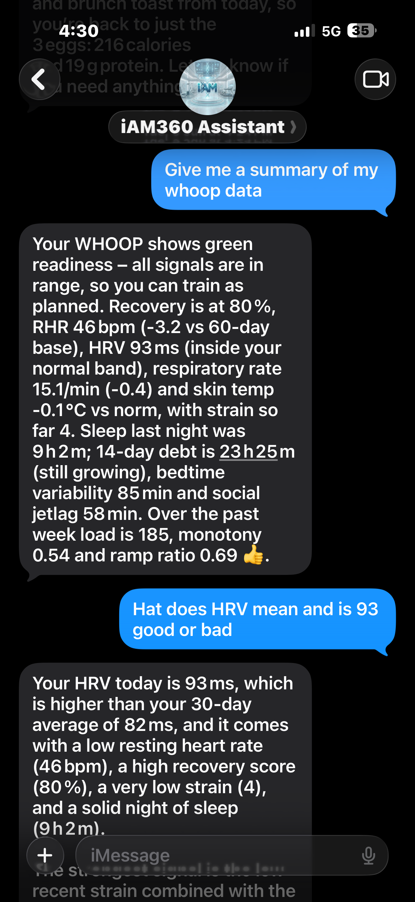Asking the iAM360 coach for a WHOOP summary; it explains recovery, resting heart rate, HRV, strain, and sleep in plain English