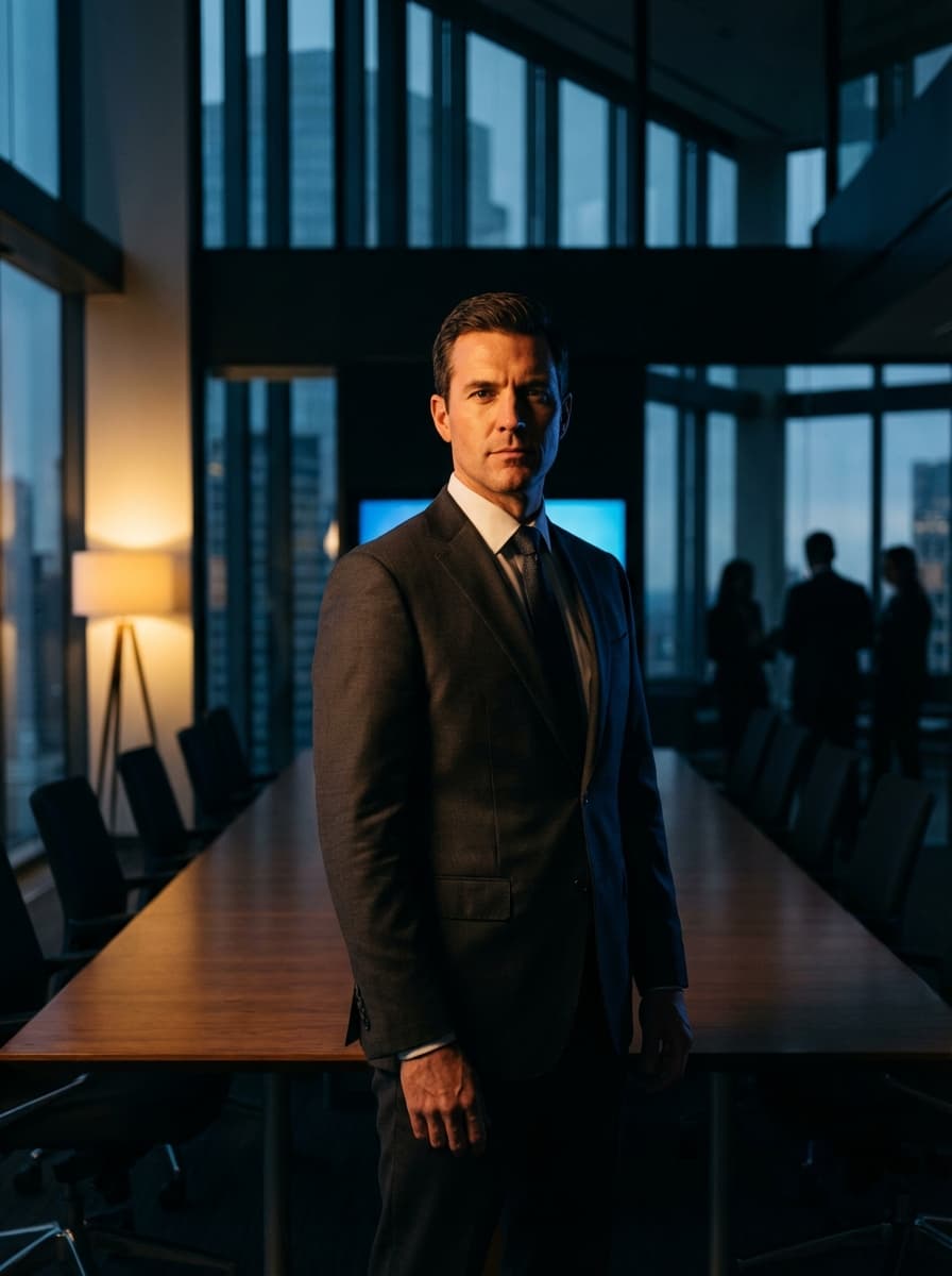 Confident leader commanding attention in a boardroom setting