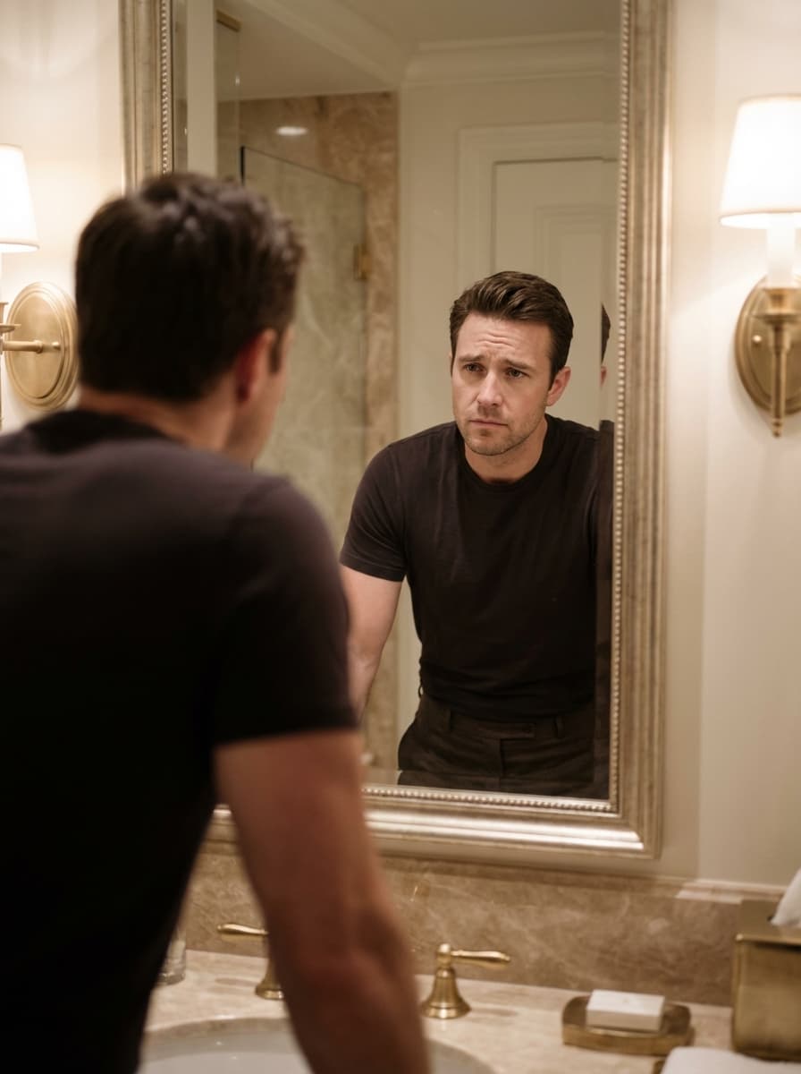 Executive looking at mirror reflection with quiet dissatisfaction