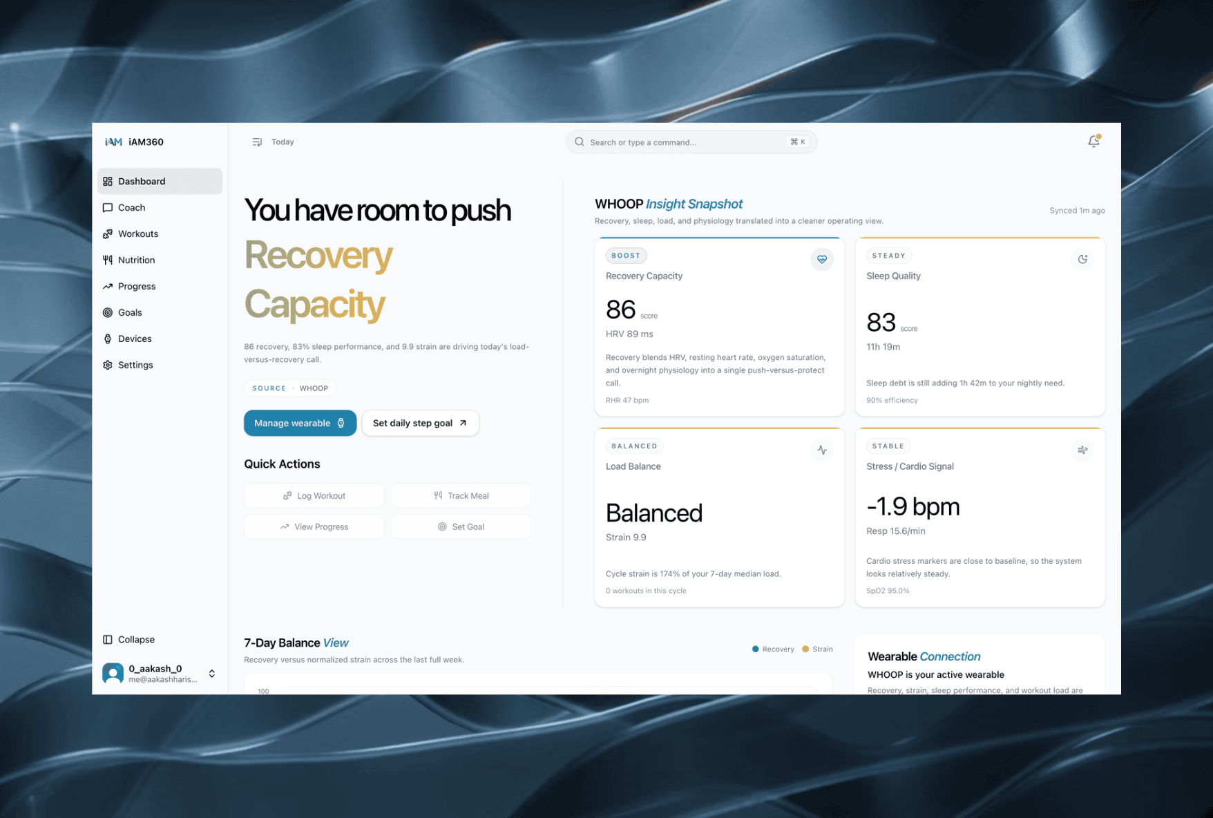 iAM360 dashboard showing recovery capacity, sleep quality, and a WHOOP insight snapshot