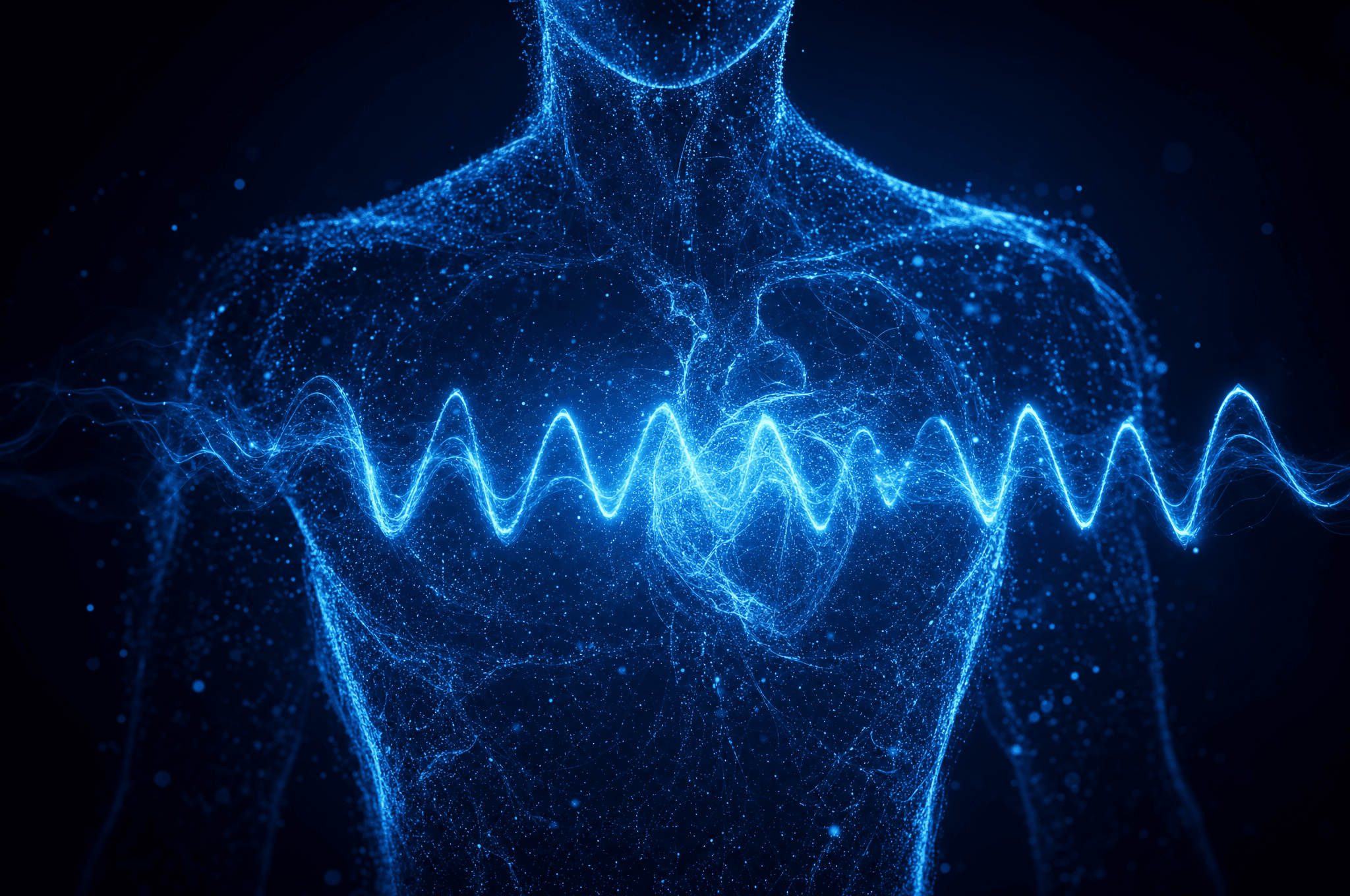 Abstract electric-blue heart-rate-variability waveform through a human silhouette