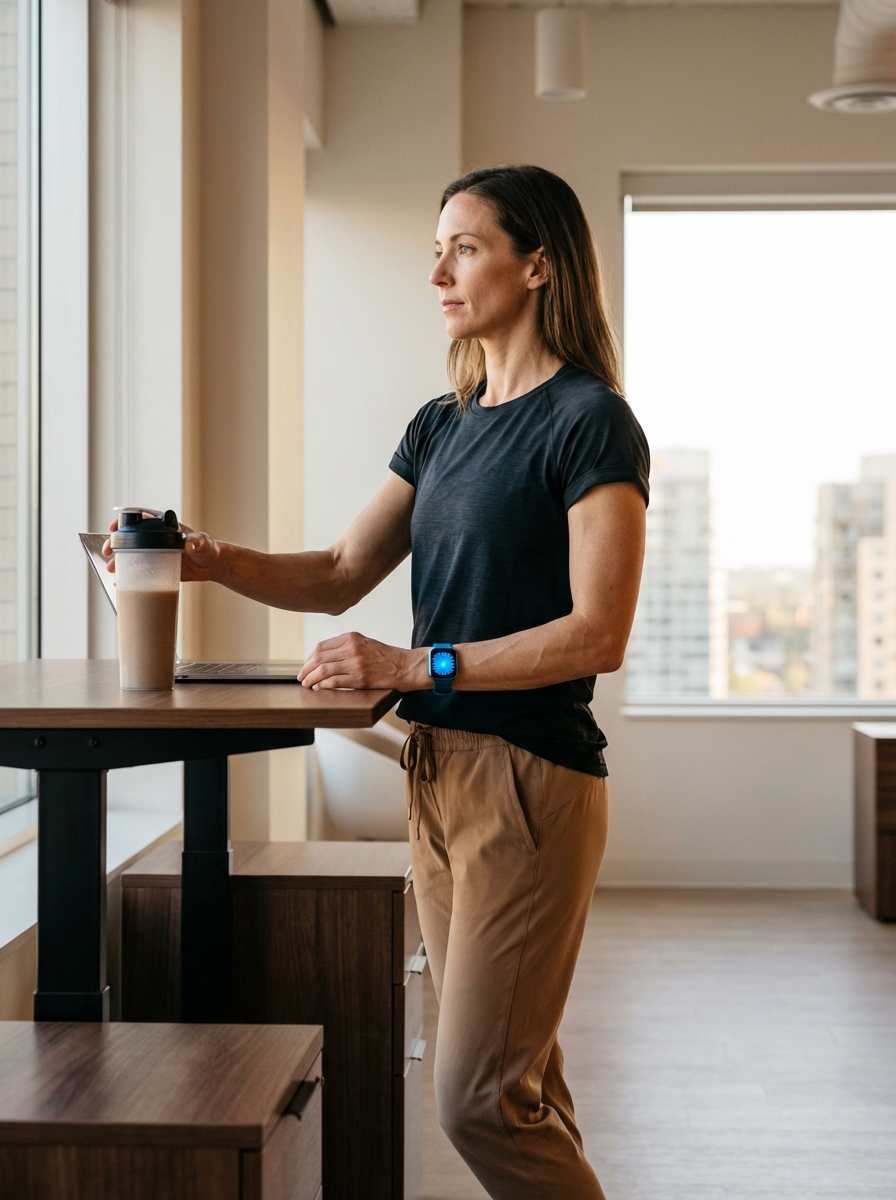 Athletic woman with defined build and smartwatch channeling competitive discipline