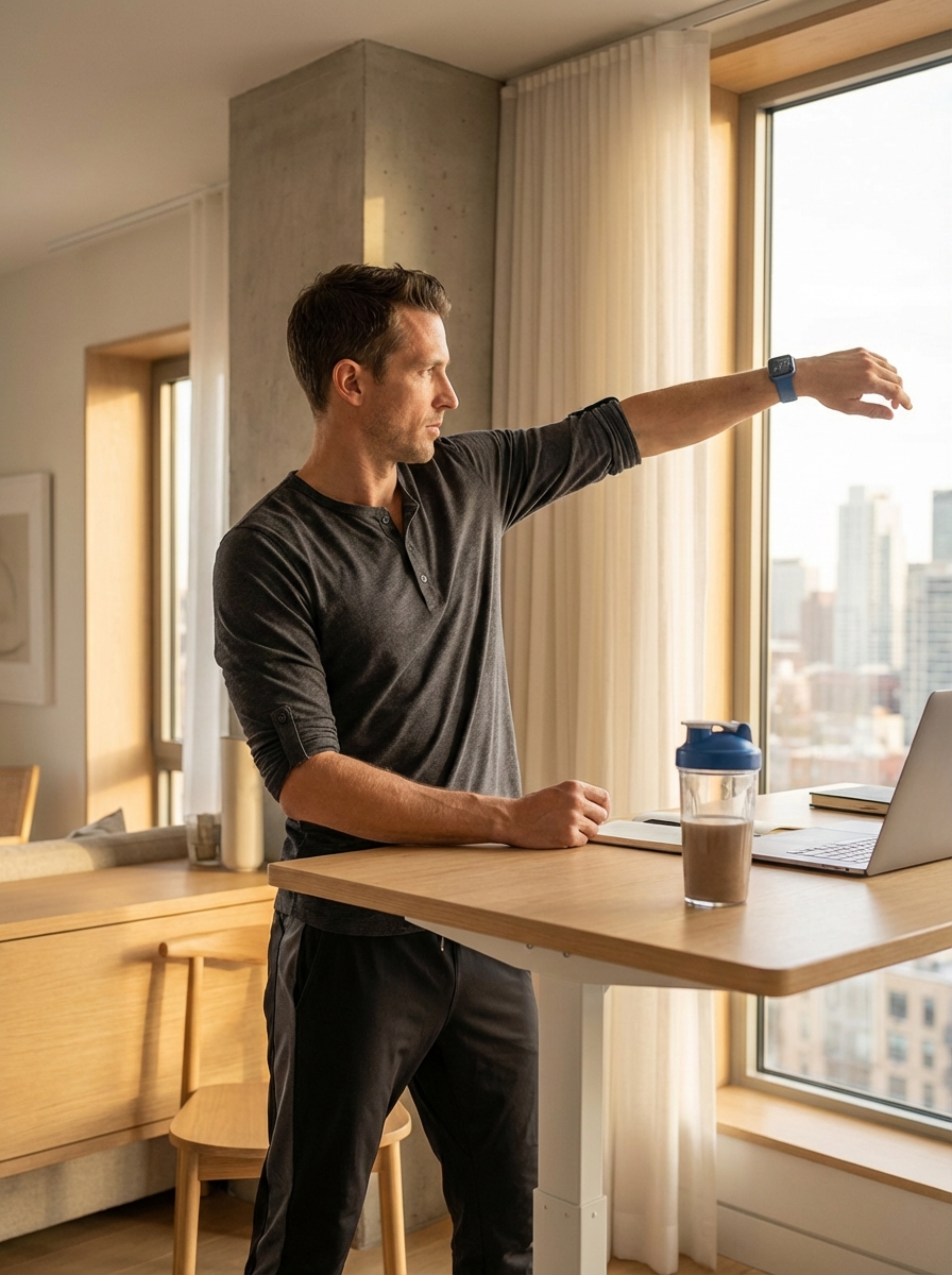 Entrepreneur stretching at a standing desk with protein shake and city skyline