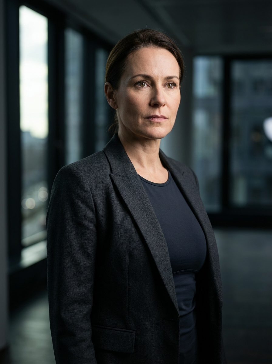 Executive in tailored blazer radiating composed authority in a corporate corridor