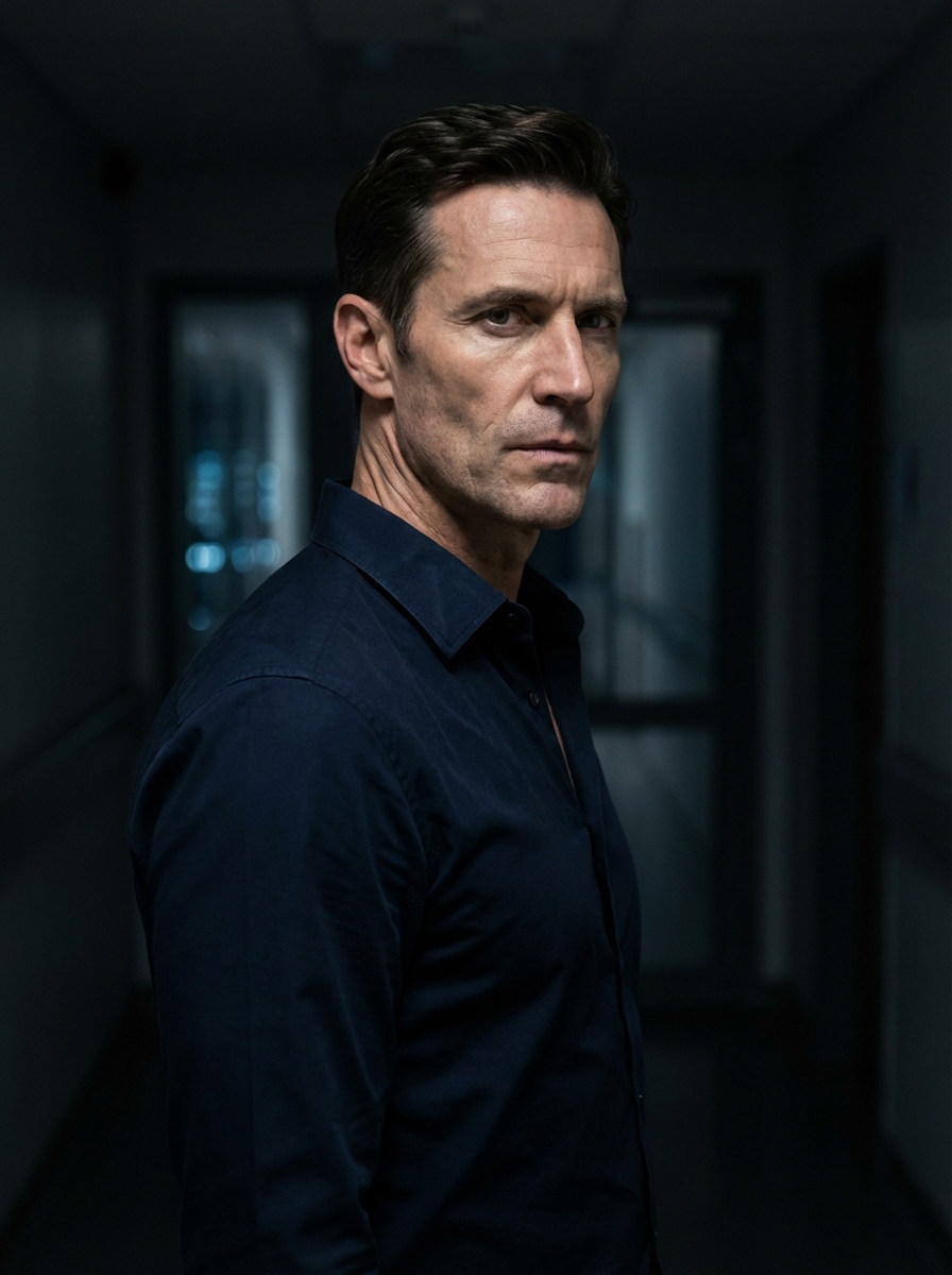 High-performing professional in dramatic cinematic lighting conveying sharp intensity