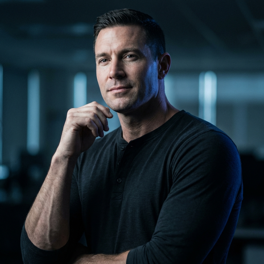 Executive portrait framed by animated diagonal card windows