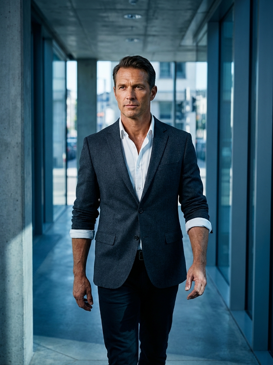 Confident professional embodying a transformed identity