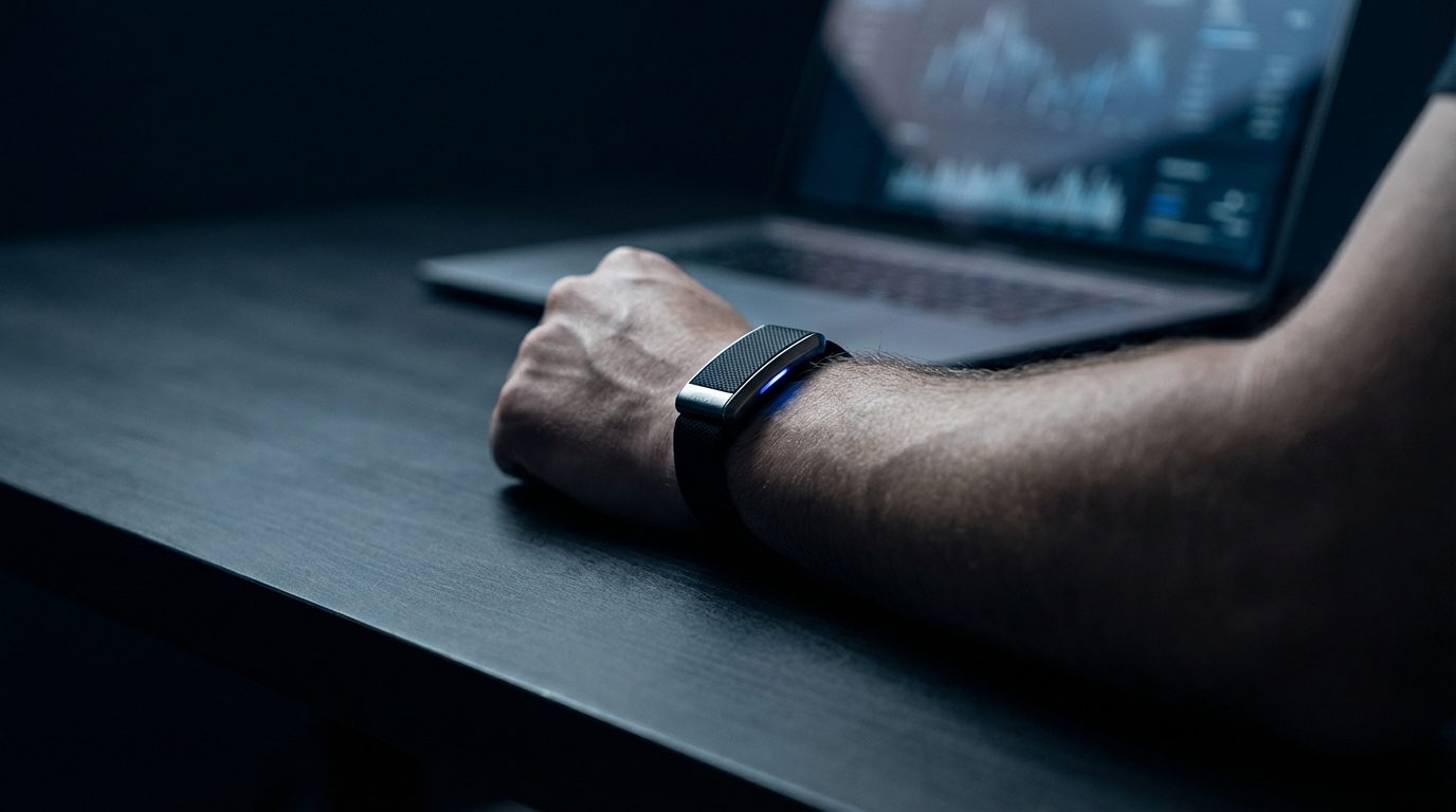 Premium fitness tracker on wrist with data visualization