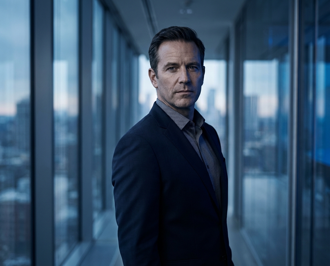 Confident executive in a modern office corridor