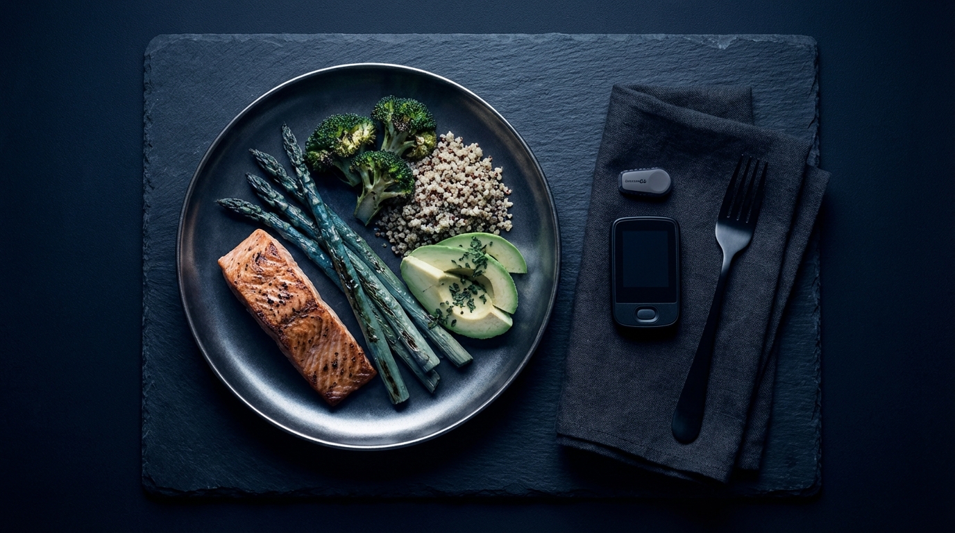 Precision-prepared high-protein meal with glucose monitor