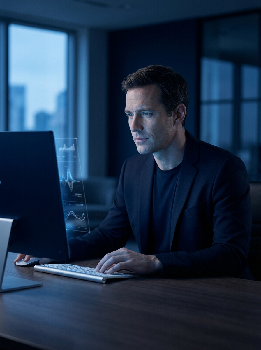 Executive in deep focus, sharp and composed in a modern workspace