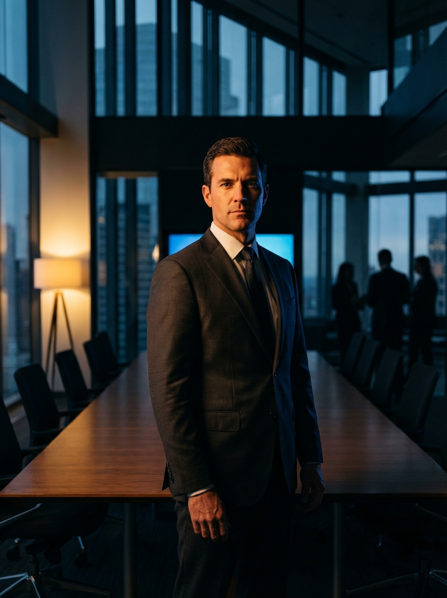 Confident leader commanding attention in a boardroom setting