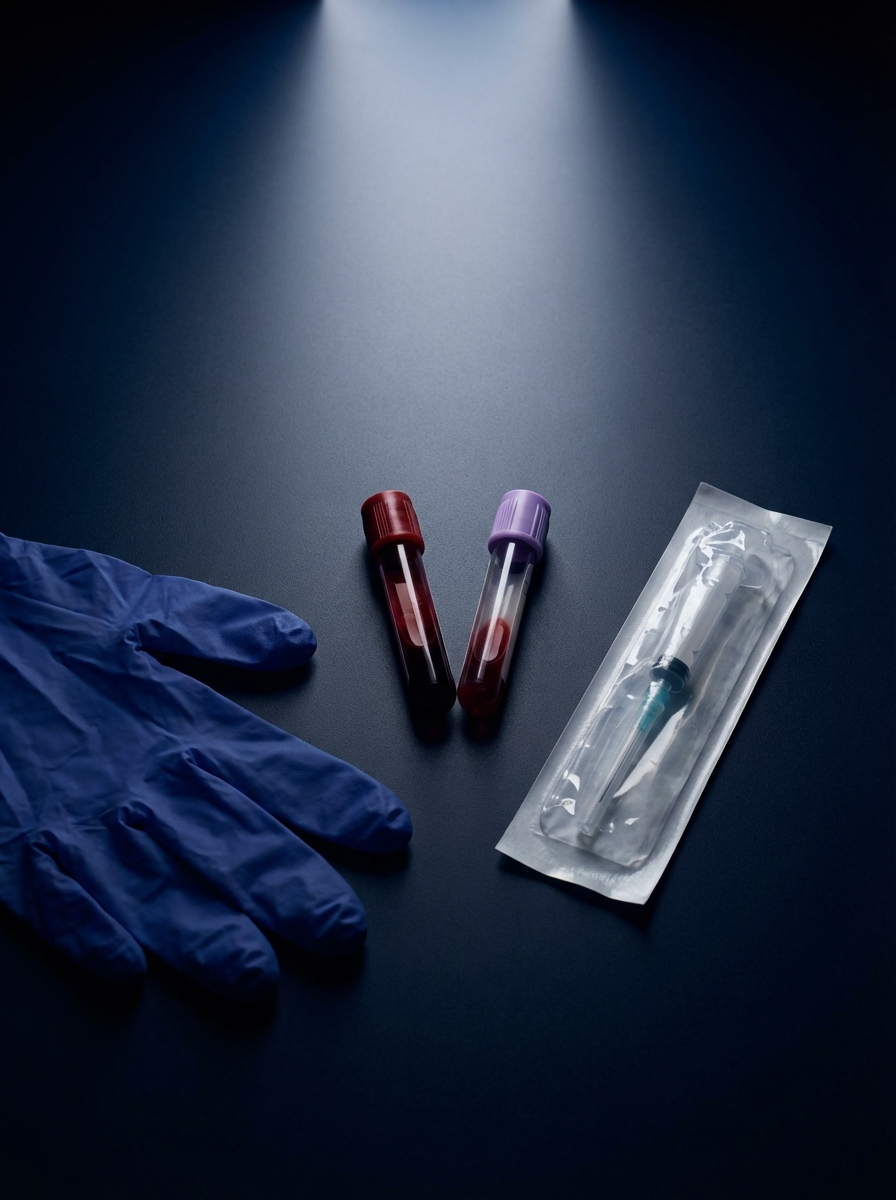 Clinical lab vials and blood test equipment arranged precisely on a dark surface