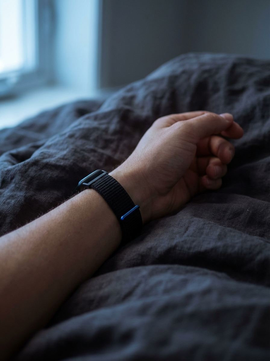 Fitness recovery wearable band on a wrist in a dark setting with blue rim light