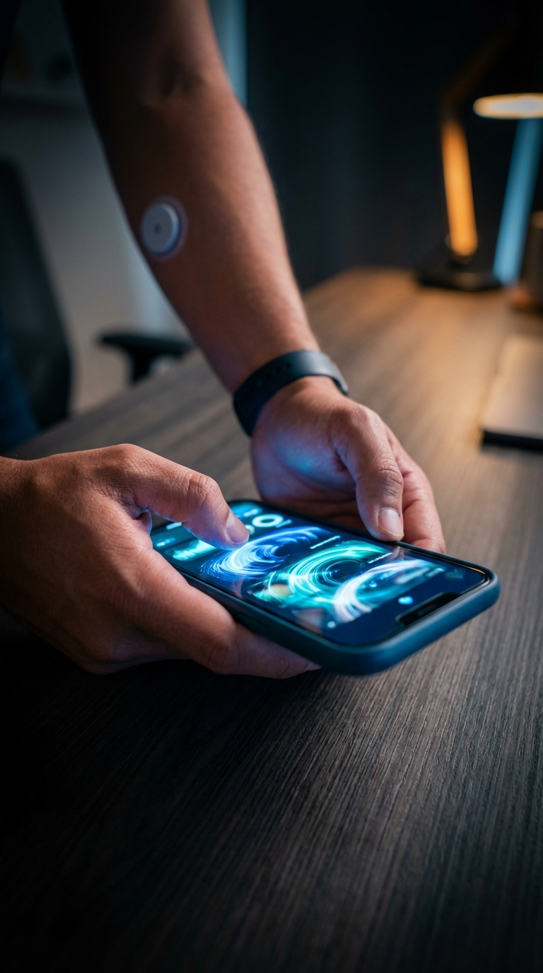 Executive reviewing health data on a smartphone with a CGM and wearable visible