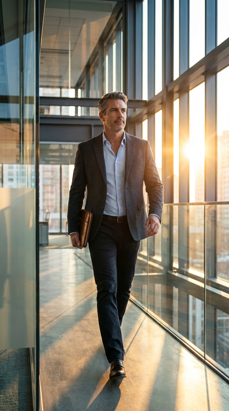 Energetic executive striding through a sunlit office corridor with morning momentum