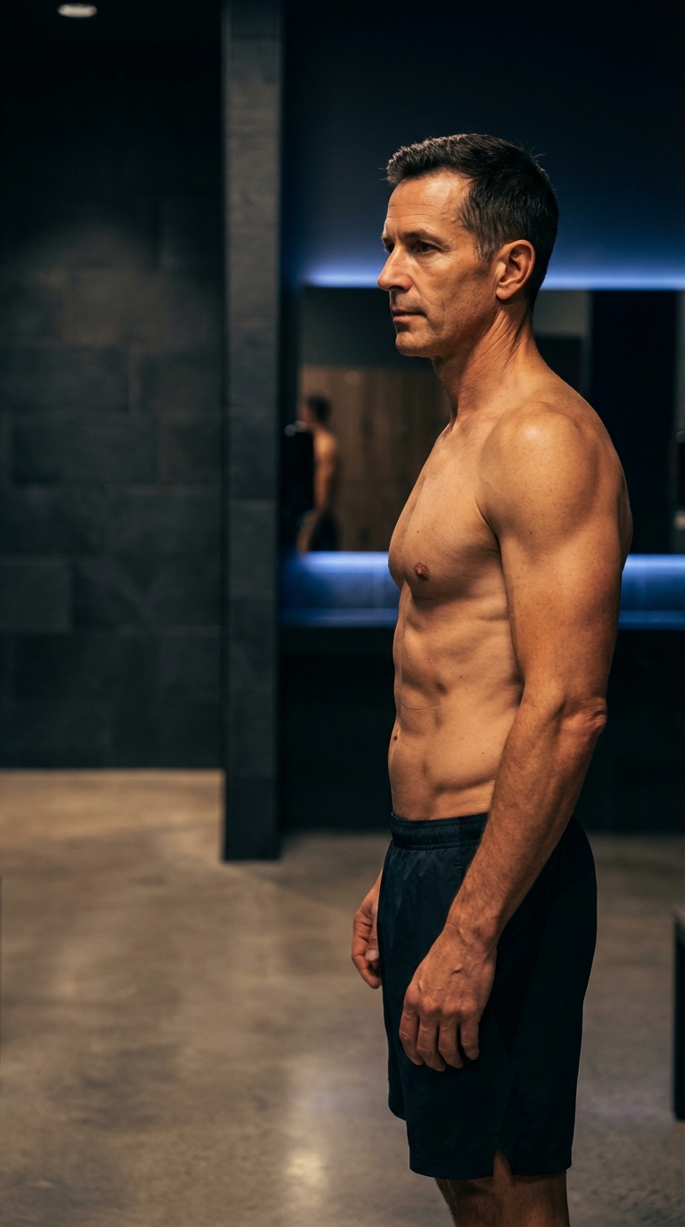 Lean executive standing confidently in a luxury locker room after a body composition transformation