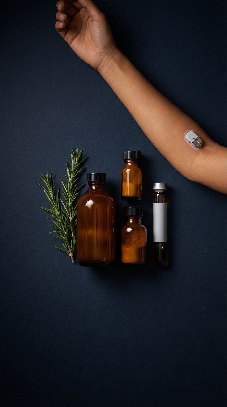 Still life of a CGM, supplements, and a blood test vial representing internal health optimization