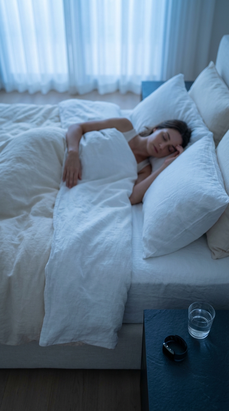 Peaceful executive sleeping in a premium bedroom at dawn for restorative recovery