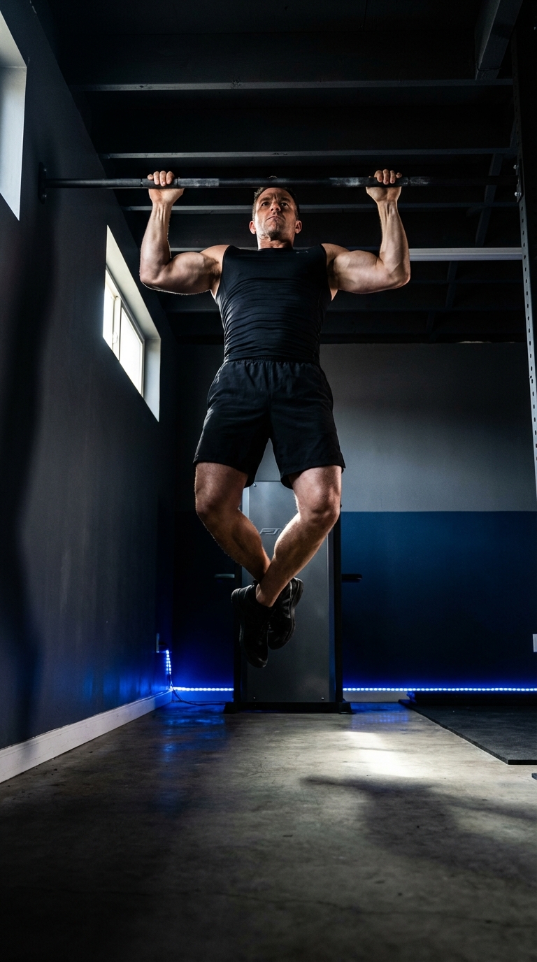 Athletic executive performing a pull-up in a premium dark home gym