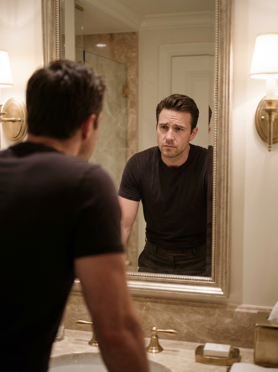 Executive looking at mirror reflection with quiet dissatisfaction