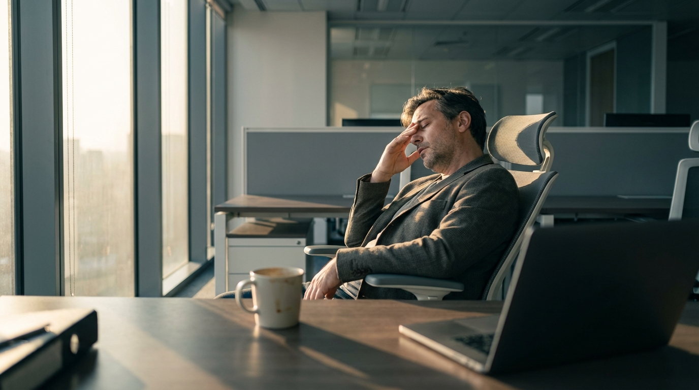 Fatigued executive at desk rubbing temples during afternoon energy crash