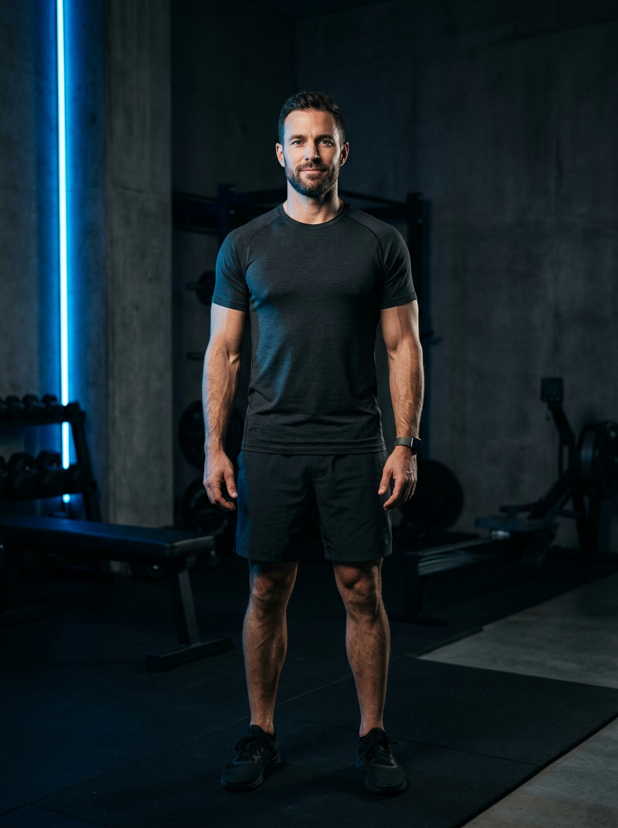 Confident athlete standing in a modern gym with dramatic blue accent lighting